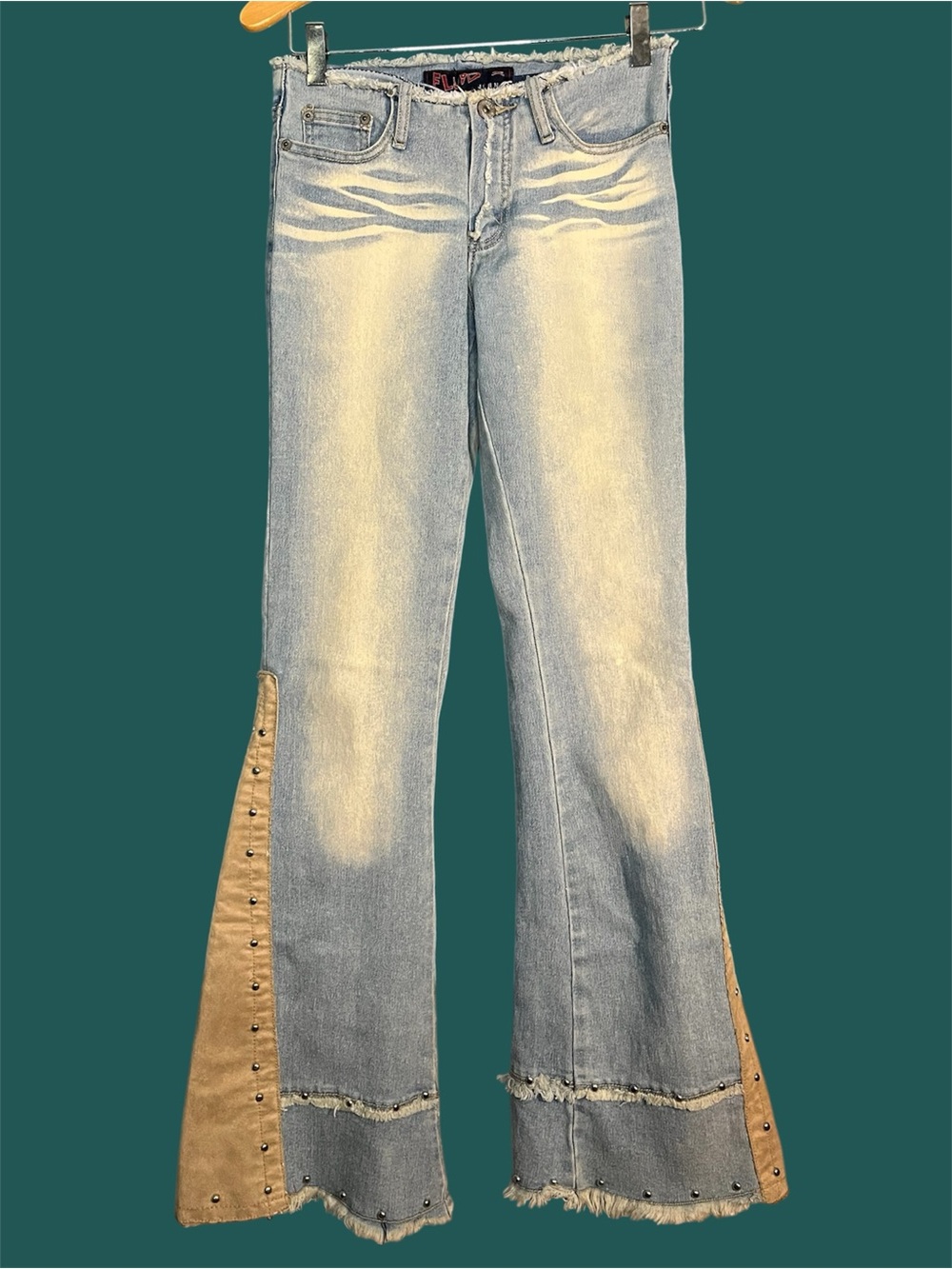 Y2K raw hem no waist Light Wash Flared Jeans with faux Suede Paneling & studs